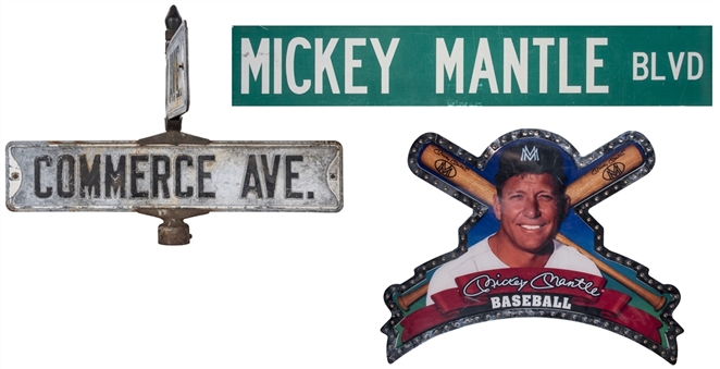Lot of (3) Memorabilla Items Relating to Mickey Mantle Including Mantle Street Sign